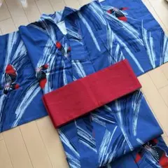 浴衣　帯セット　手縫い　紺　蝶