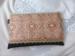 大人可愛い インド刺繍×ヌビ フラットポーチ ハンドメイド（A435）