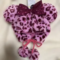 リボンが綺麗！新品タグ付き　ミニー　耳 ピンク　ヒョウ柄　帽子　ファンキャップ