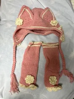 猫耳帽子　アームカバー　ピンク　ハンドメイド　ニット