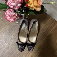 ❤️Ginza Kanematsu❤️ベロアリボンレースピンクハイヒール中古パーティのサムネイル