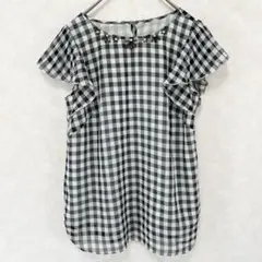 アプワイザーリッシェ ギンガムチェック ビジュー付き フリルブラウス 半袖 M