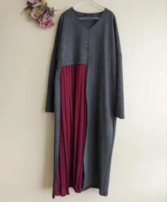 美品　osmosis　プリーツ切替ワンピース　長袖　グレー　アシンメトリー