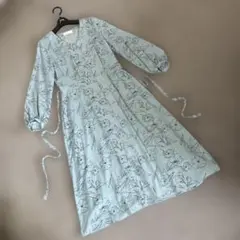 indexインデックス水色 花柄 Aライン ロングワンピースMワールド前ボタン