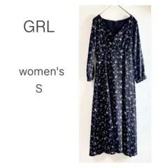 GRL グレイル 長袖 八分袖 ロングワンピース 黒×花柄 Vネック 清楚 春秋