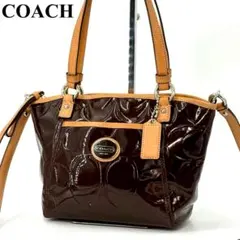 美品✨COACH コーチ 2way トートバッグ エナメル シグネチャー こげ茶のサムネイル