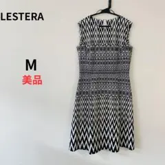 【LESTERA】幾何学柄 ノースリーブワンピース モノトーン 上品のサムネイル