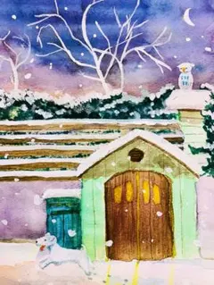 犬と梟と雪景色の風景画