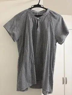 無印良品　強撚ボイルフレンチスリーブブラウス L 黒チェック