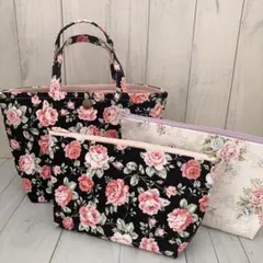 ハンドメイド　アンティークローズ柄　バラ柄トートバッグとポーチのセット　母の日