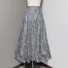 ミッシュマッシュ 花柄 刺繍 チュール フレア ロング スカート グレー