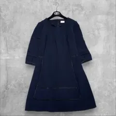 美品✨ レペット ひざ丈ワンピース 七分袖 ネイビー 38 フレア クルーネックのサムネイル