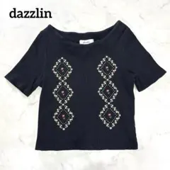 dazzlin 半袖カットソー　黒　ミニ丈　綿混　リブ　花柄刺繍　ストレッチ　夏のサムネイル
