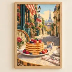 石畳カフェのパンケーキ A4額付きレトロアートポスター