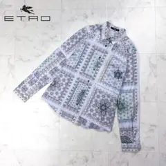 美品 ETRO 幾何学柄 長袖シャツ 総柄 ストレッチ 水色 42*HD753