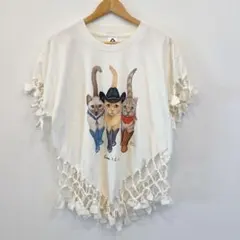 90s AAA製 猫 アニマル Tシャツ リメイク フリンジ カウボーイ Lのサムネイル