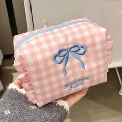化粧ポーチ ギンガムチェック リボン刺繍 コスメポーチ 大容量 小物入れ ピンクのサムネイル