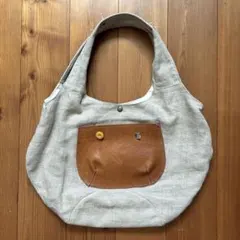 リネン混 レザーポケット トートバッグ ナチュラル