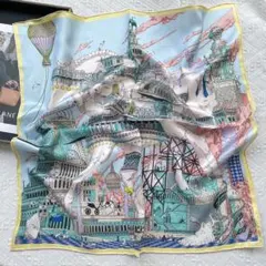 カラフル都市風景シルク100%スカーフ　絹製大判バンダナ　約68cm正方形　上品