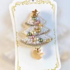 [564] クリスマスツリー(ゴールド) ビーズ刺繍ブローチ ハンドメイド