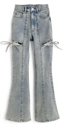 GRL サイドカットアウトリボンフレアデニムパンツ ライトブルー cu578 S