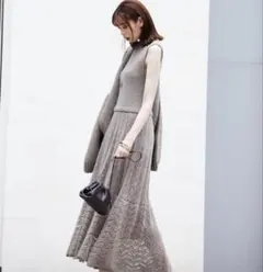 ココディール アンゴラ フォックス混 ニットワンピース レース編み ベージュ