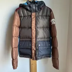 ブラウン ブルー フード付き ダウンジャケット
