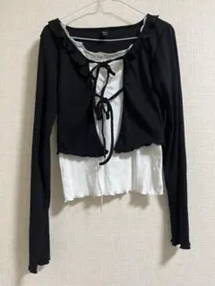 SHEIN ブラック フリル フロントリボン カーディガンのサムネイル
