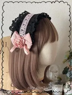 ♡ブラックフリルレースピンクリボンローズヘッドドレス ロリータ量産型 ゴスロリ♡