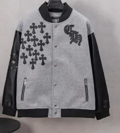 スタジャン グレーと黒 クロス刺繍