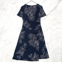 ローラアシュレイ 上品 花柄 ジャージー ワンピース ネイビー カシュクール M