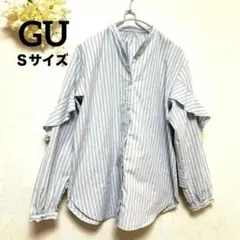 ★美品【GU】ラッフルスリーブ ストライプブラウス 水色／白／グレー春色S