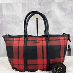 極美品 COACH レザー 2way ショルダーバッグ チェック柄 レッド 黒