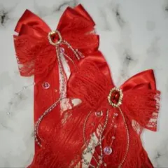 ハンドメイド　量産型　レッド　サテンリボンレース　キラキラビジュー　ヘアクリップ