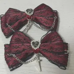 赤と黒のレースリボンヘアピン2個セット