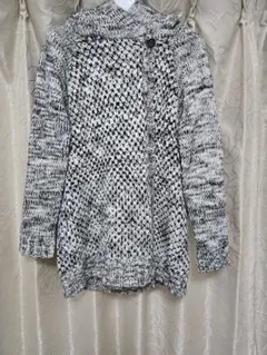 フード付きニットカーディガン ブラック・ホワイトミックスカーディガン