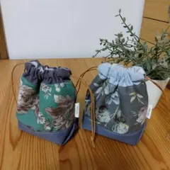 コロンとかわいい♡リネンの三角マチミニ巾着袋　２点セット