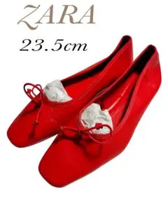【ZARA】　超美品　赤　スクエアトゥ　フラットシューズ　パンプス　レザー