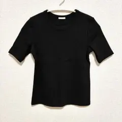 ジーユー Tシャツ クルーネック 五分袖 リブ S 黒 綿 デイリー カジュアル