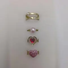 リング 4点セット ハート パール ストーンゴールドラメピンク指輪