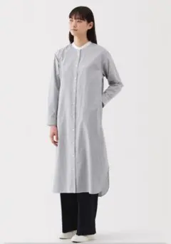 無印良品　ブロードスタンドカラー長袖ワンピース　XL ダークネイビーストライプ