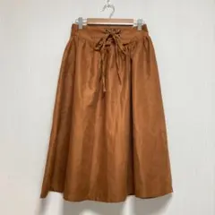 【レイカズンフェバリ】 ロングフレアスカート リボン付き ブラウン ゴムウエスト