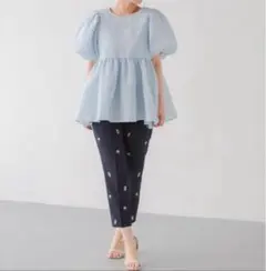 【Fit more】バックリボンボリュームスリーブジャガードトップス