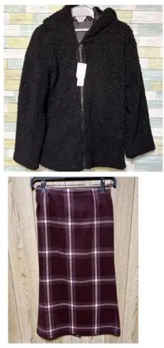 アベイル　厚手チェックスカート&ボアZIPジャケット