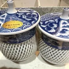 有田焼琴峰　網目焼組湯呑　有田焼　青い手書き模様　湯飲み 2個セット 夫婦