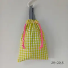 【ハンドメイド】きいろのチェックの持ち手付き巾着 3. 上履き入れ/スモック袋のサムネイル