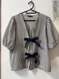 ZARA ストライプ リボン 半袖 ブラウス Sサイズ