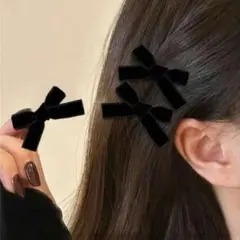 ミニ ベロア リボン ヘアクリップ 3個セット ブラック 小さめ ガーリー 韓国
