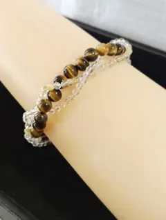 ハンドメイド タイガーアイ・ルチルクォーツ・水晶 金運 3連に見えるブレスレット