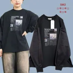 ブラック☆袖布帛インレイロゴプルオーバー☆ゆったりサイズ☆チュニック☆Tシャツ